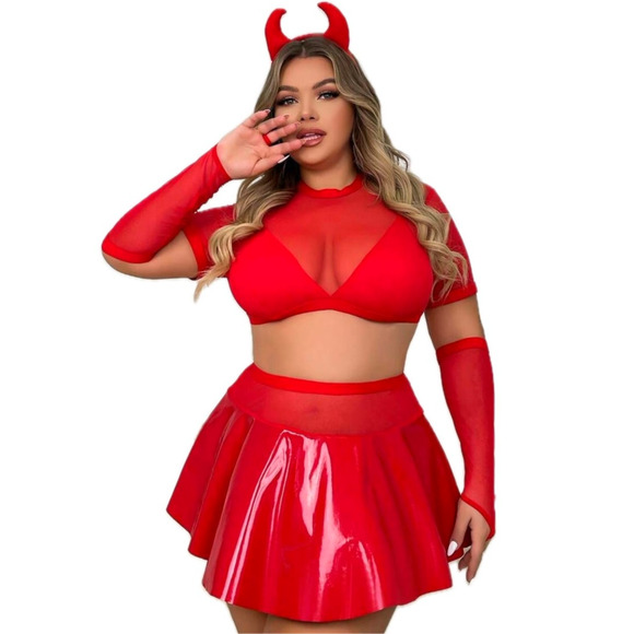 New 3XL 3 pc Red Devil Halloween Cosplay Costume Skirt‎ Set Vegan Leather Latex - Picture 1 of 4